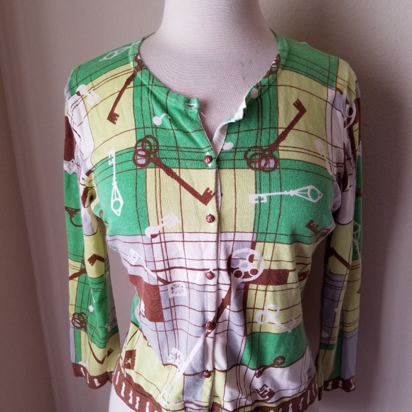 CAbi Green Key Print Button Up Cardigan Sweater - Picture 2 of 8